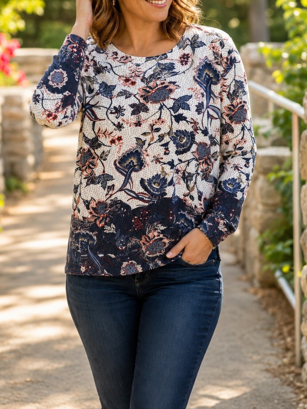 Olsen Floral Long Sleeve Crewneck Top White Navy Blue Botanical Print Blouse